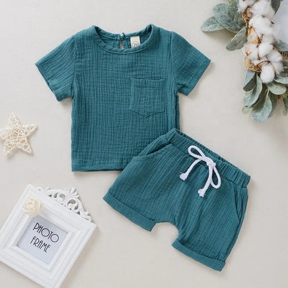 Kids Linen Cotton Shorts & Tshirt Matching Set